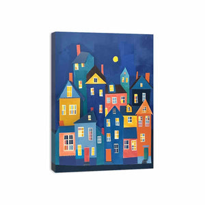 Colorful village house illustration canvas for playful nursery or hallway decor.