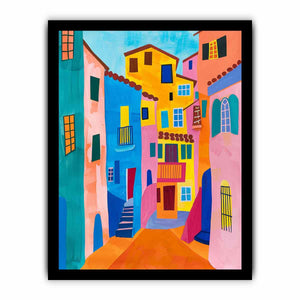 Bright Mediterranean street canvas art for colorful modern living room decor.