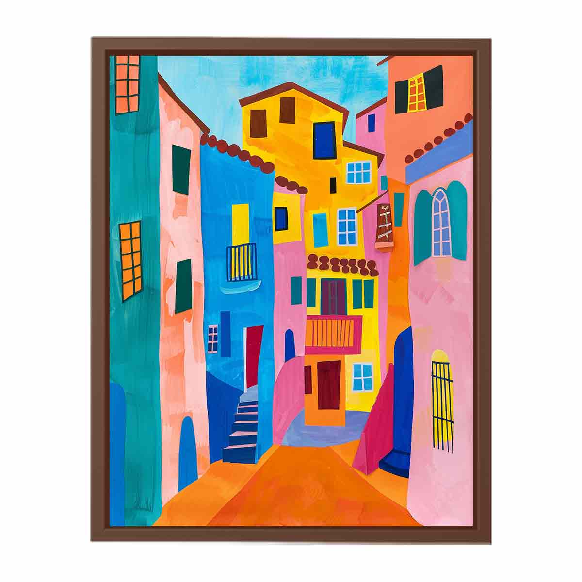 Bright Mediterranean street canvas art for colorful modern living room decor.