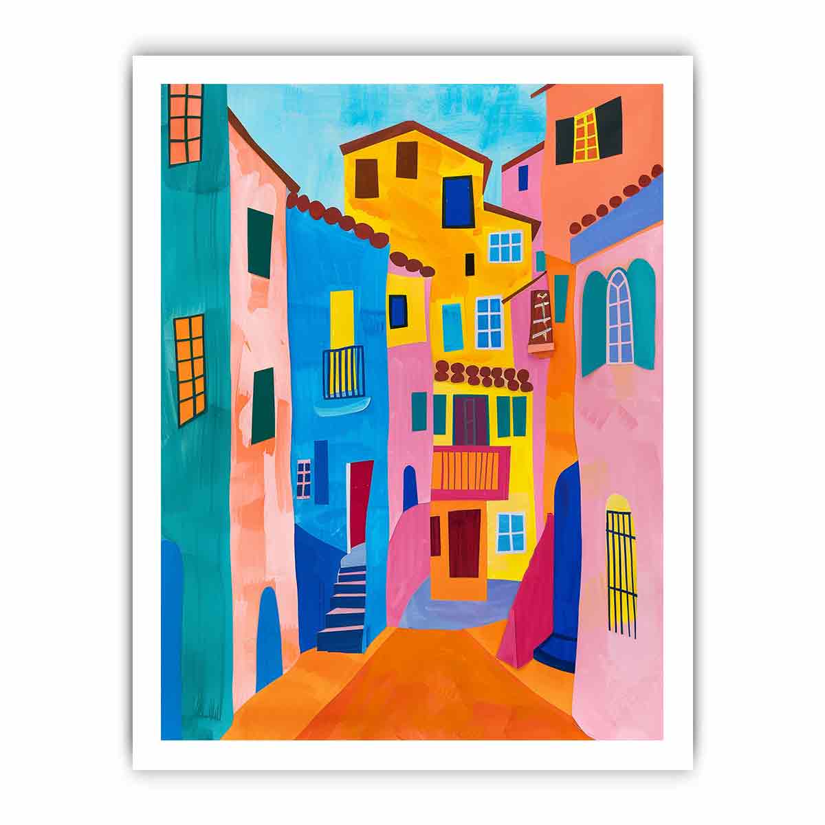 Bright Mediterranean street canvas art for colorful modern living room decor.