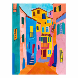 Bright Mediterranean street canvas art for colorful modern living room decor.