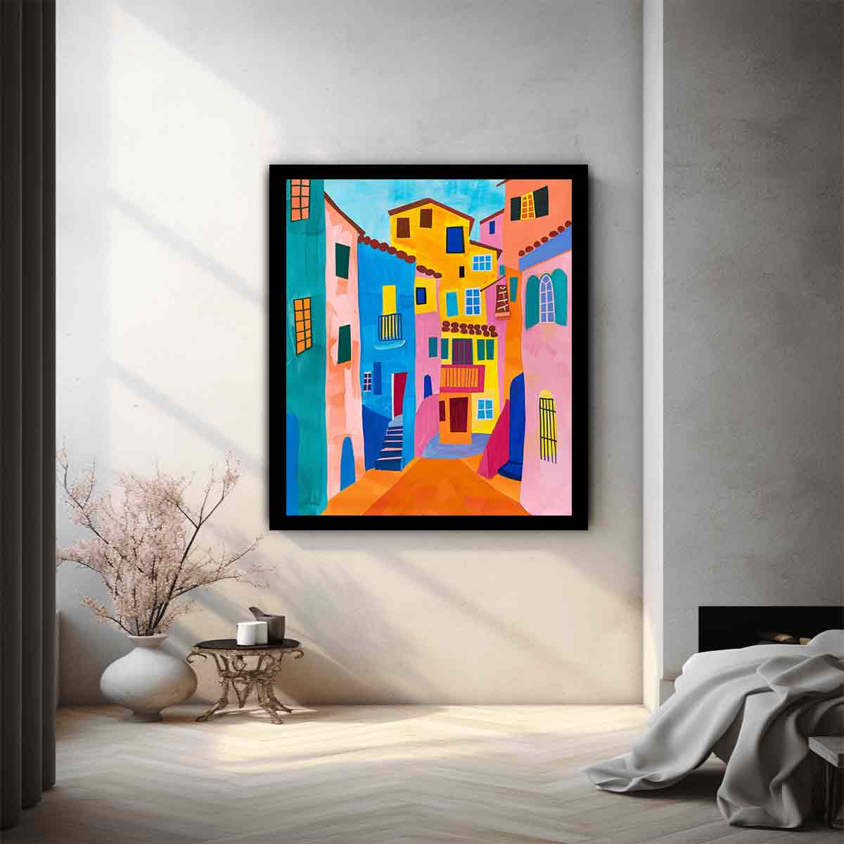 Bright Mediterranean street canvas art for colorful modern living room decor.