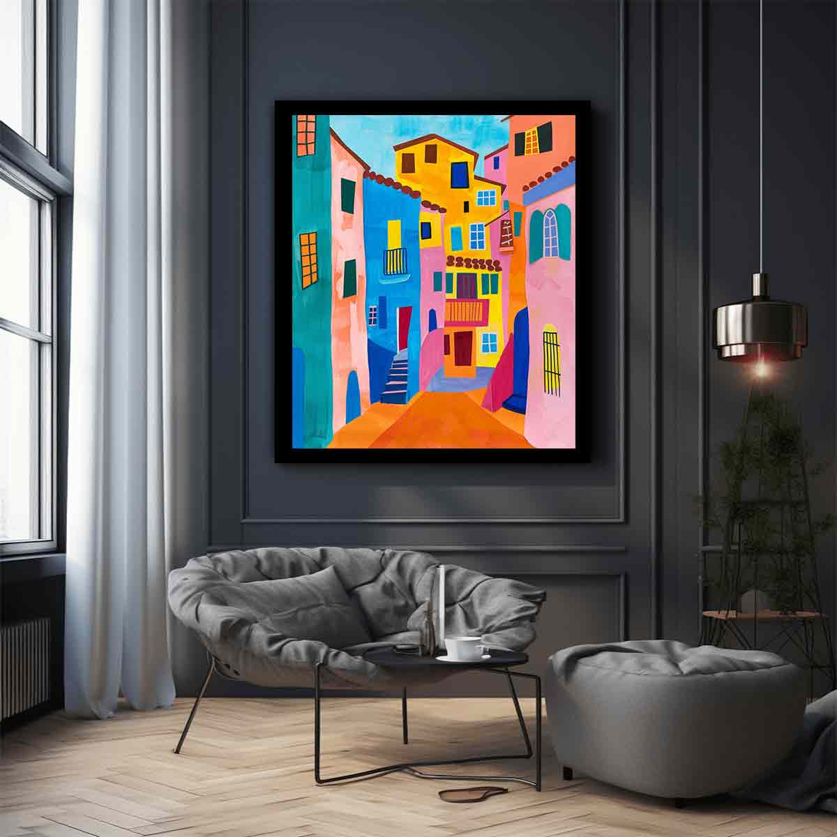 Bright Mediterranean street canvas art for colorful modern living room decor.