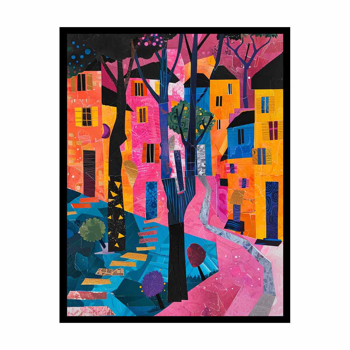 Bold abstract cityscape wall art with pink path and colorful houses for modern decor.