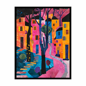Bold abstract cityscape wall art with pink path and colorful houses for modern decor.