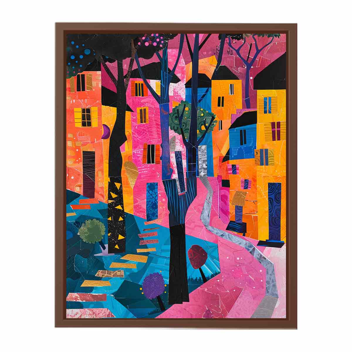 Bold abstract cityscape wall art with pink path and colorful houses for modern decor.