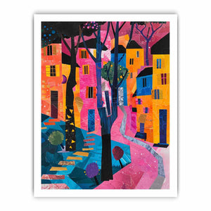 Bold abstract cityscape wall art with pink path and colorful houses for modern decor.