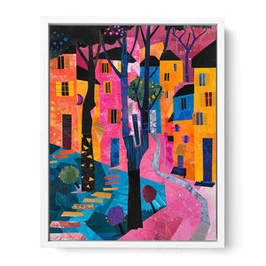 Bold abstract cityscape wall art with pink path and colorful houses for modern decor.