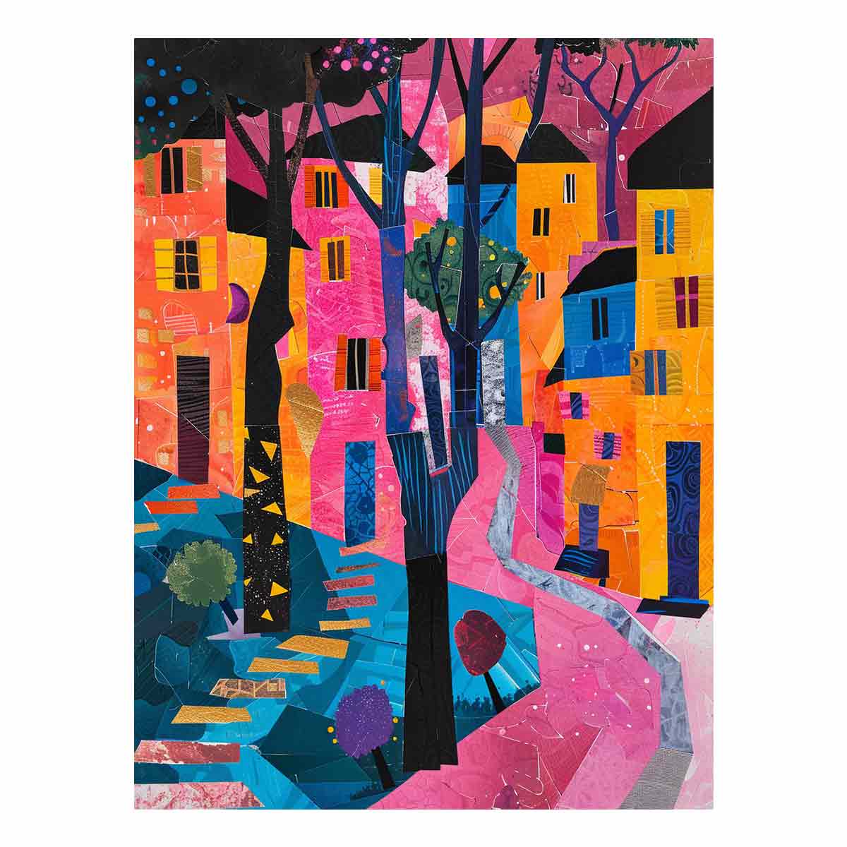 Bold abstract cityscape wall art with pink path and colorful houses for modern decor.