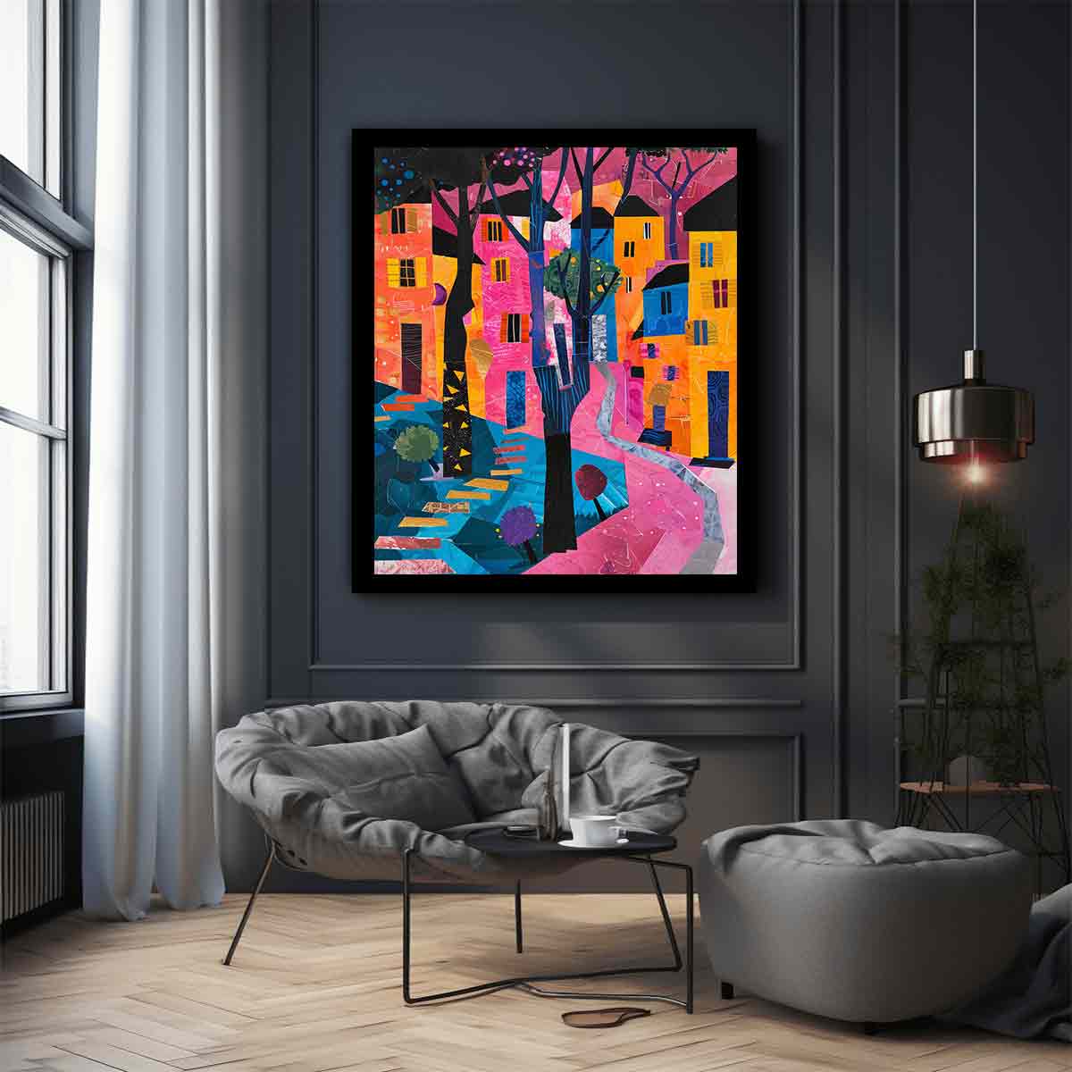 Bold abstract cityscape wall art with pink path and colorful houses for modern decor.