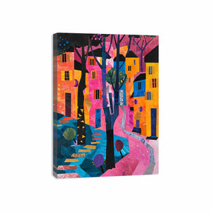 Bold abstract cityscape wall art with pink path and colorful houses for modern decor.