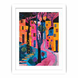 Bold abstract cityscape wall art with pink path and colorful houses for modern decor.