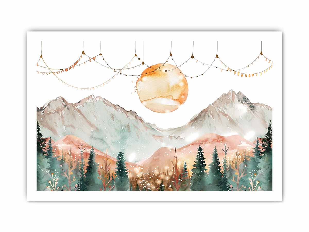 Dreamy watercolor mountain canvas art with moon and forest for peaceful bedroom decor.