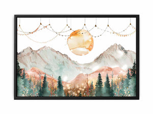 Dreamy watercolor mountain canvas art with moon and forest for peaceful bedroom decor.