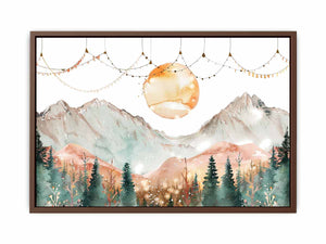 Dreamy watercolor mountain canvas art with moon and forest for peaceful bedroom decor.