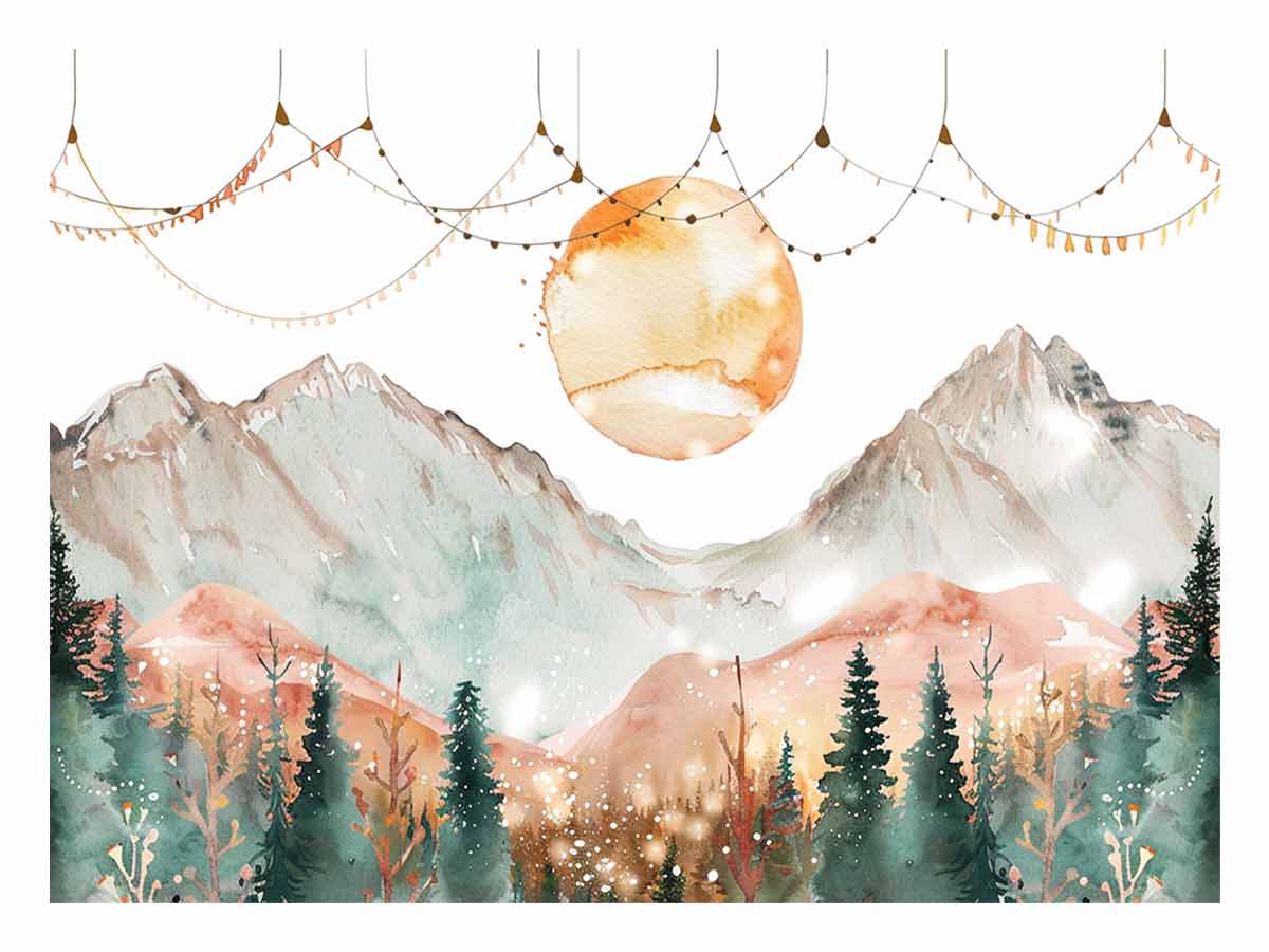 Dreamy watercolor mountain canvas art with moon and forest for peaceful bedroom decor.