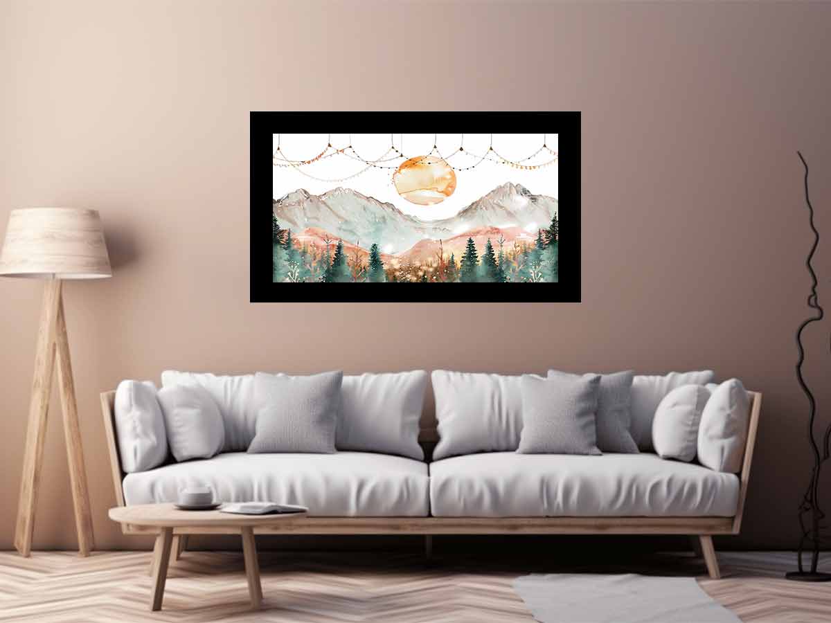 Dreamy watercolor mountain canvas art with moon and forest for peaceful bedroom decor.