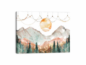 Dreamy watercolor mountain canvas art with moon and forest for peaceful bedroom decor.