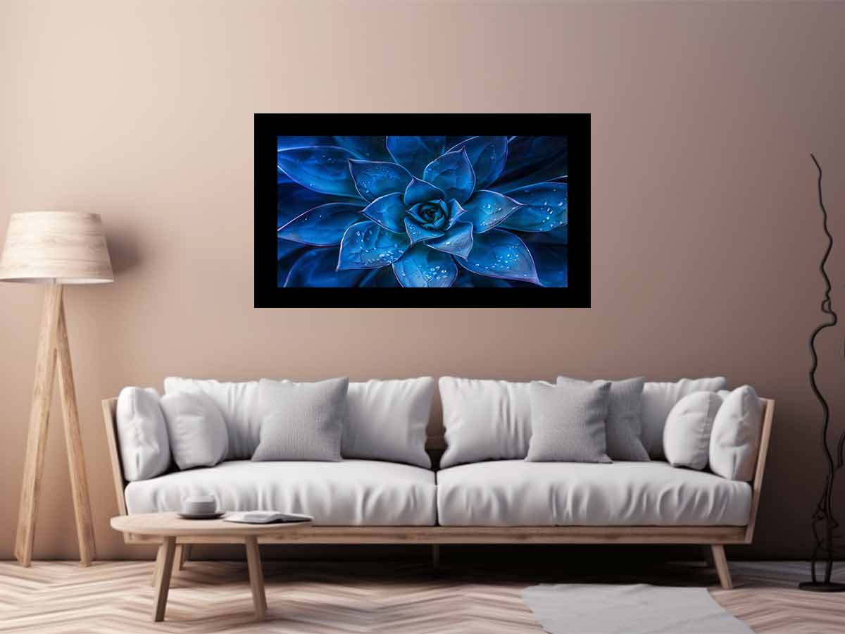 Moody blue succulent canvas art with water droplets for elegant modern room decor.