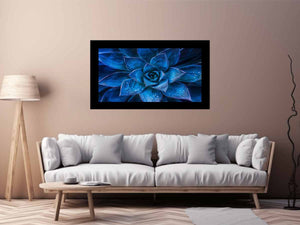 Moody blue succulent canvas art with water droplets for elegant modern room decor.