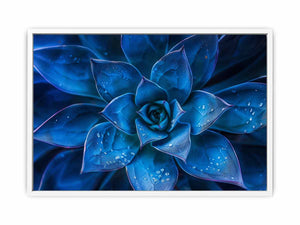 Moody blue succulent canvas art with water droplets for elegant modern room decor.