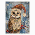 Festive owl canvas art with Santa hat and snowflakes for cozy holiday home decor.
