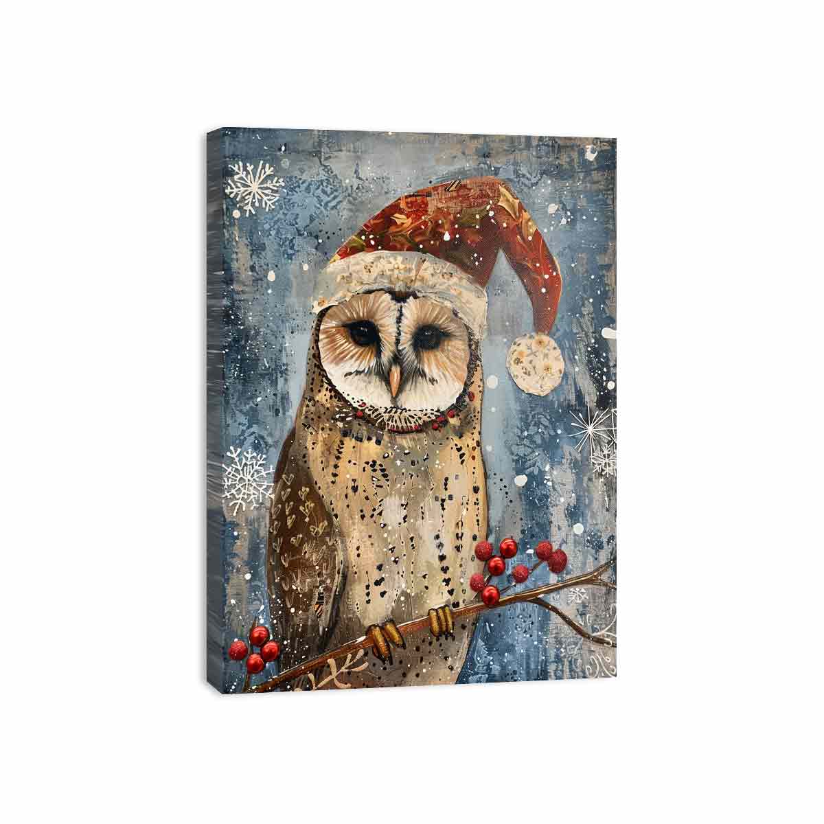 Festive owl canvas art with Santa hat and snowflakes for cozy holiday home decor.