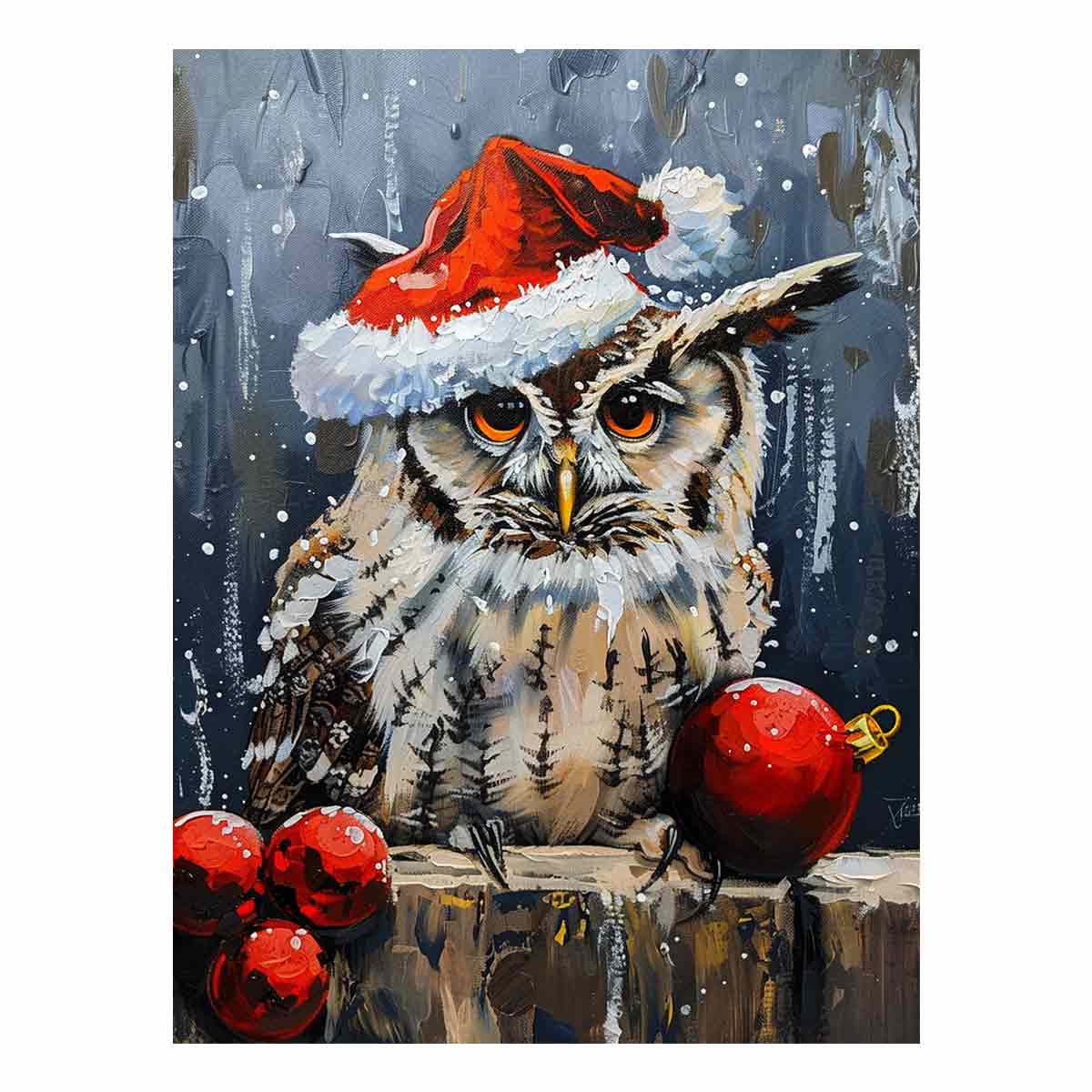 Festive painted owl canvas art with Santa hat and ornaments for cozy Christmas decor.
