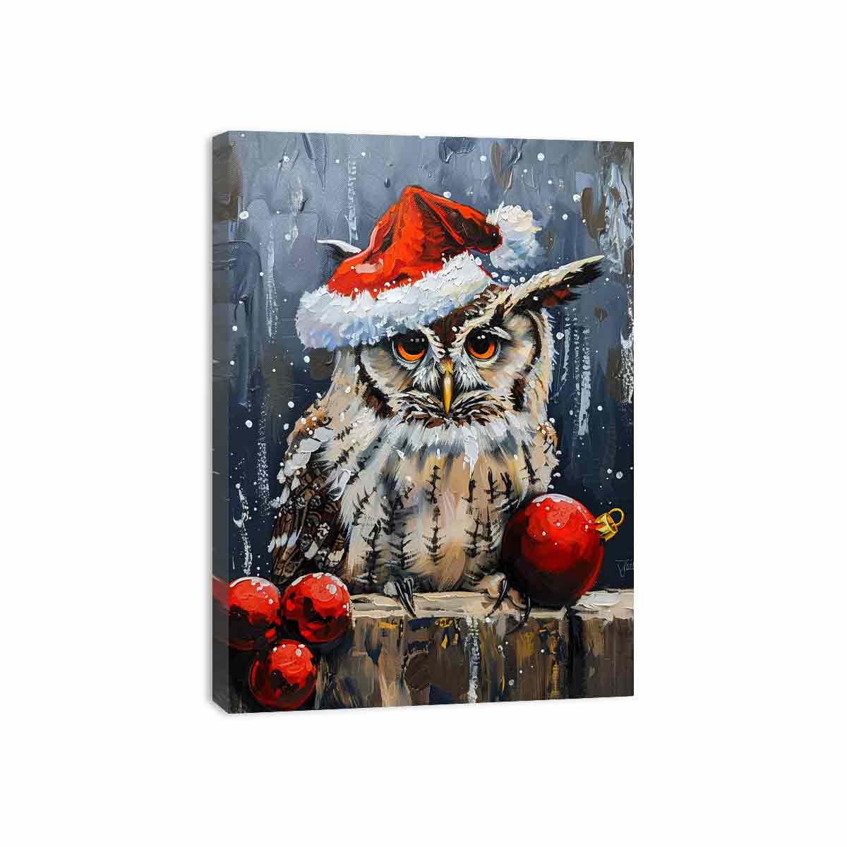 Festive painted owl canvas art with Santa hat and ornaments for cozy Christmas decor.