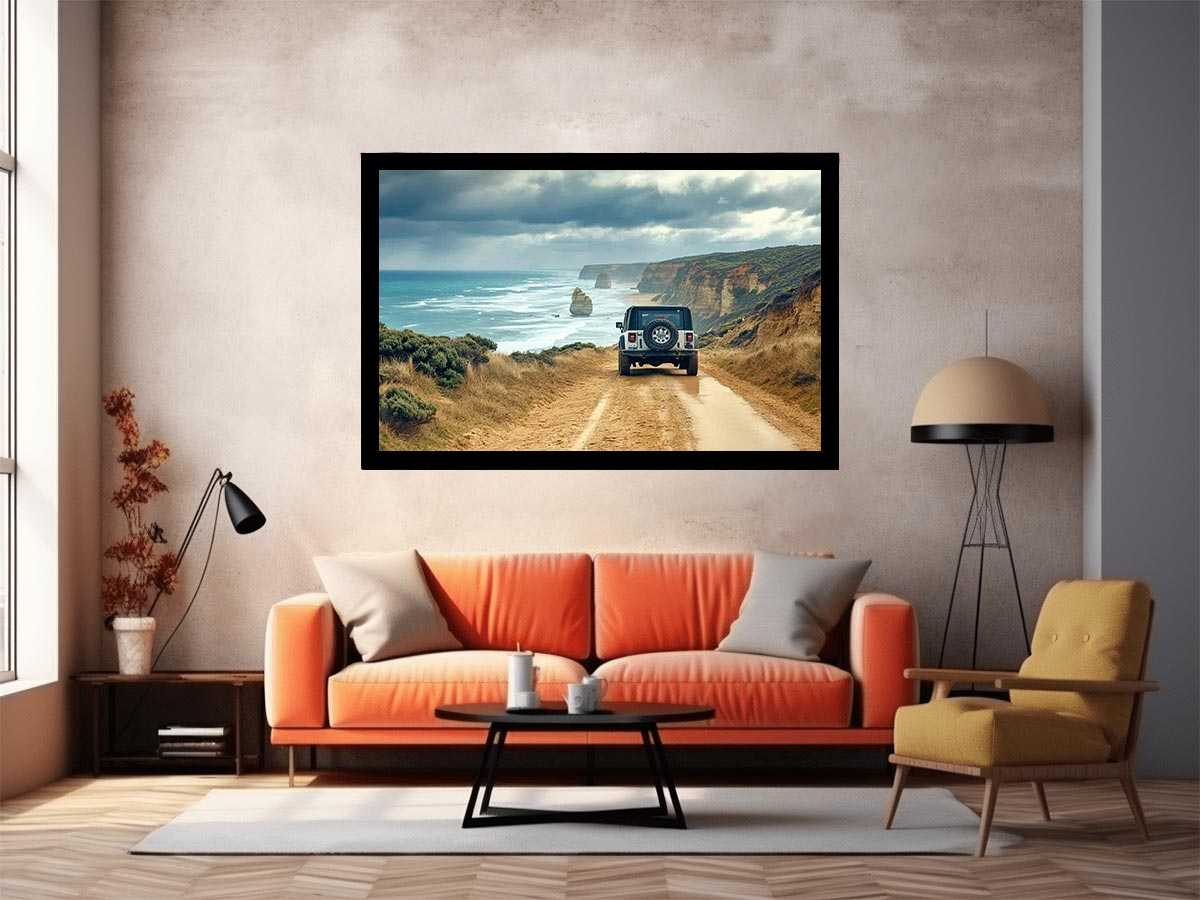 Off-road vehicle on a coastal dirt track overlooking turquoise waves, limestone sea stacks and golden cliffs beneath a cloudy sky