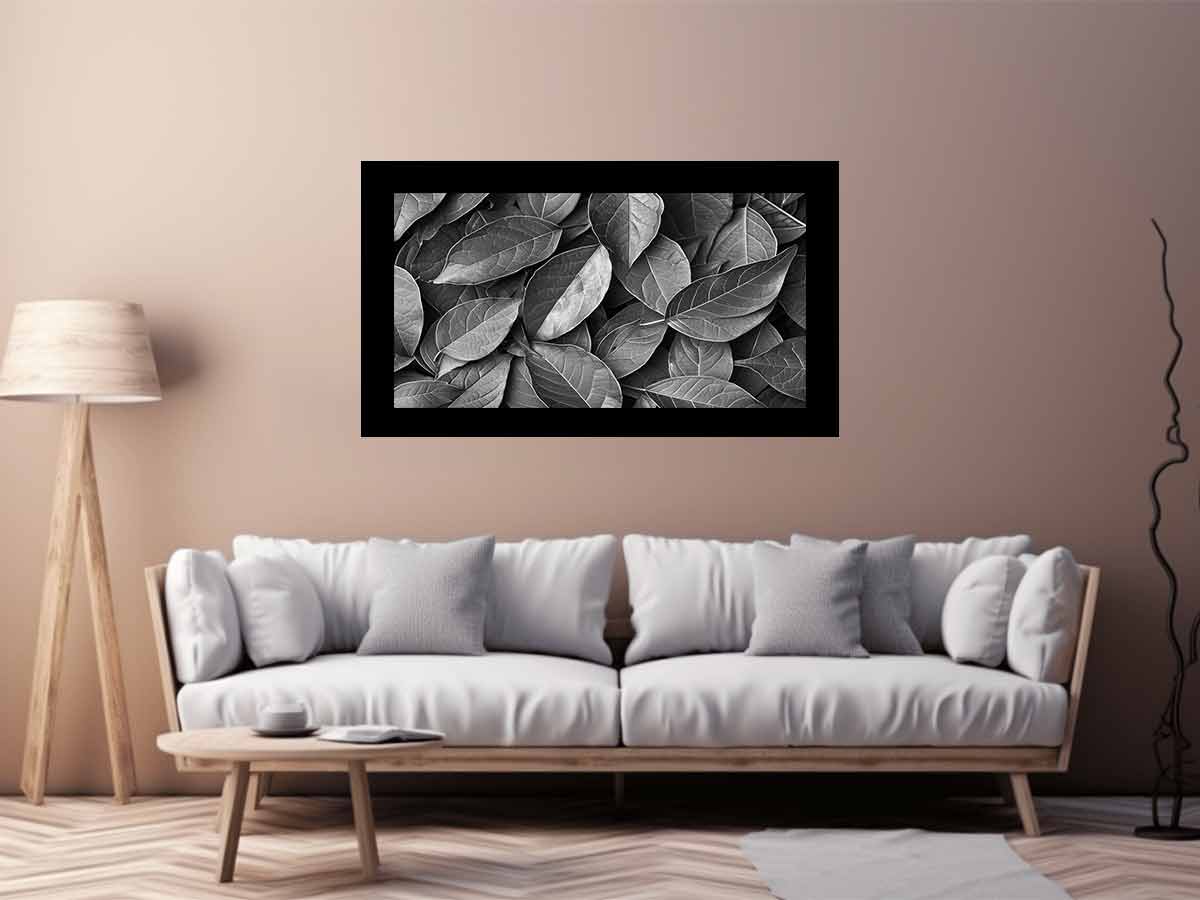 Black and white botanical leaves canvas art for calm modern bedroom decor.