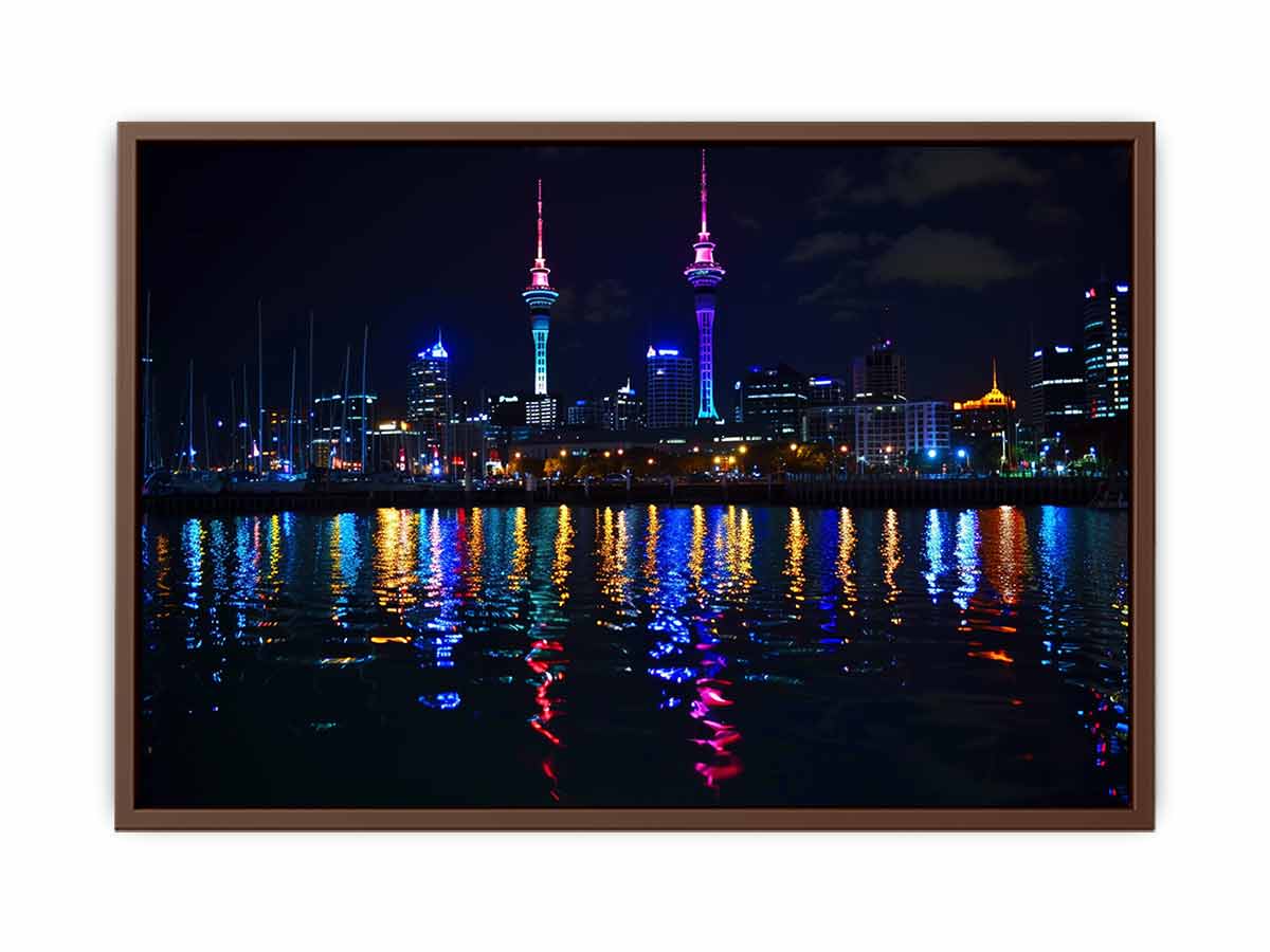 Neon city skyline canvas art with waterfront reflections for modern office decor.