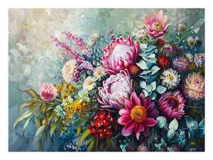 Colorful native floral canvas art with protea and eucalyptus for living room decor.