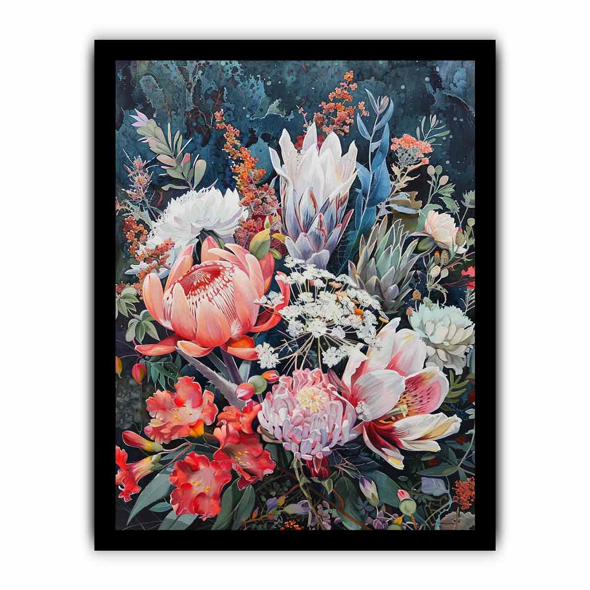 Dark native floral canvas art with protea blooms for elegant bedroom decor.