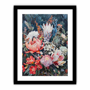 Dark native floral canvas art with protea blooms for elegant bedroom decor.