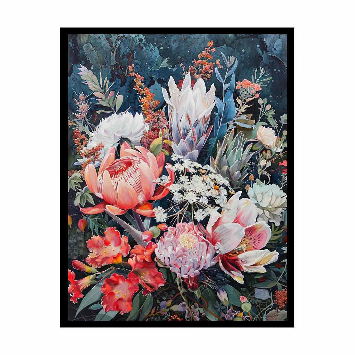 Dark native floral canvas art with protea blooms for elegant bedroom decor.