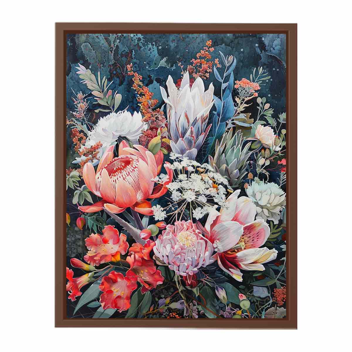 Dark native floral canvas art with protea blooms for elegant bedroom decor.