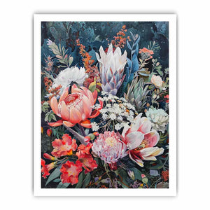 Dark native floral canvas art with protea blooms for elegant bedroom decor.