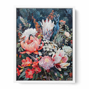Dark native floral canvas art with protea blooms for elegant bedroom decor.