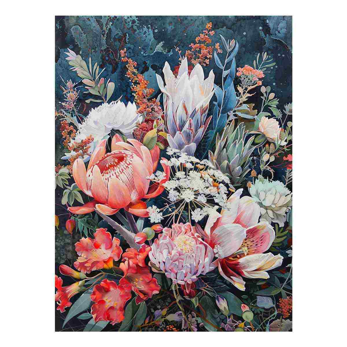 Dark native floral canvas art with protea blooms for elegant bedroom decor.