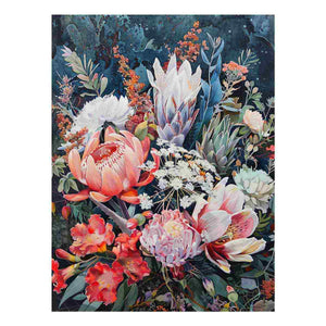 Dark native floral canvas art with protea blooms for elegant bedroom decor.