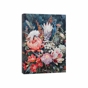 Dark native floral canvas art with protea blooms for elegant bedroom decor.