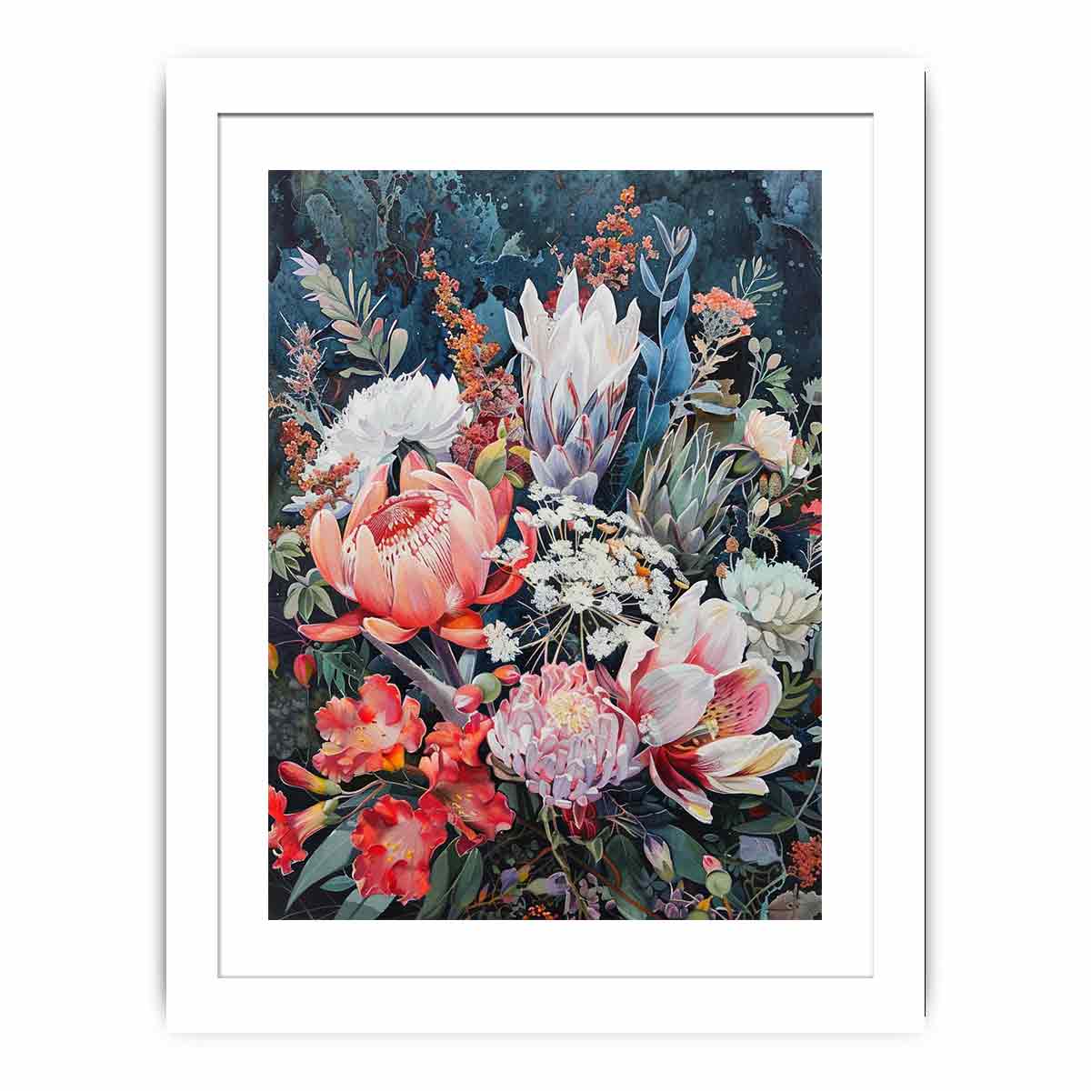 Dark native floral canvas art with protea blooms for elegant bedroom decor.