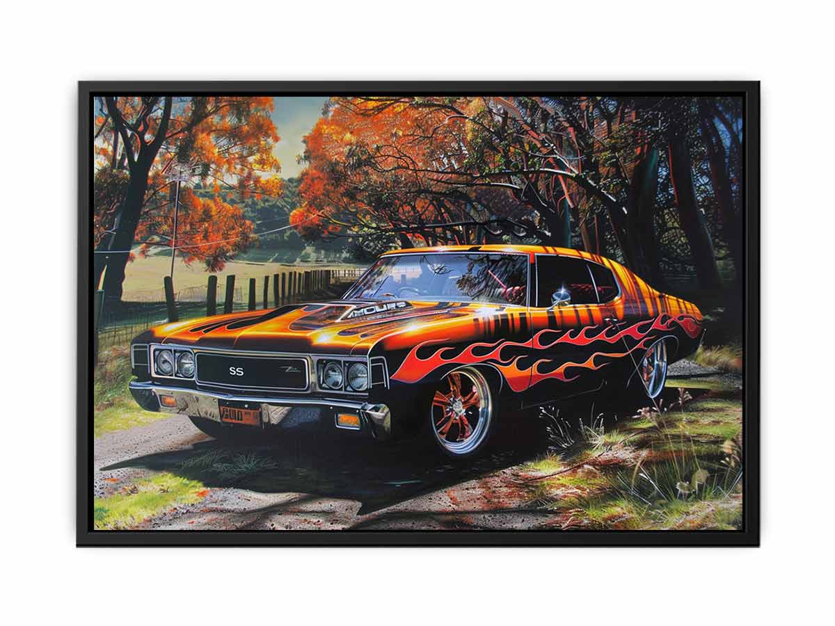 Black muscle car canvas art with orange flames for man cave wall decor.