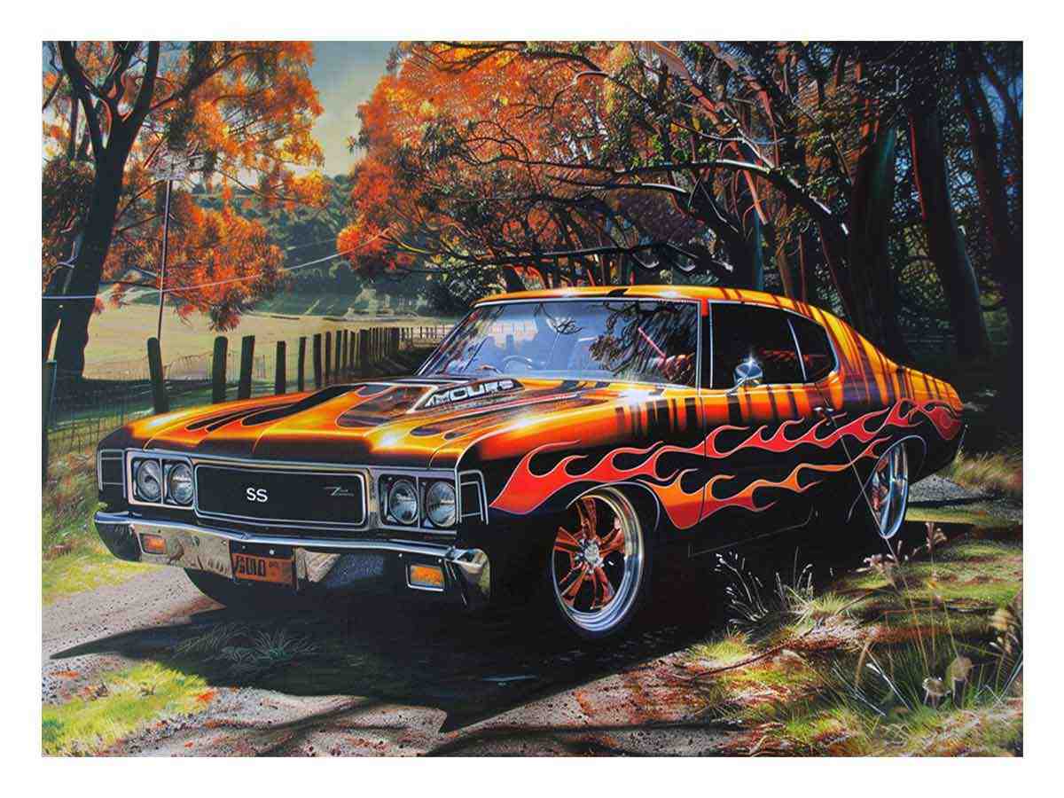 Black muscle car canvas art with orange flames for man cave wall decor.