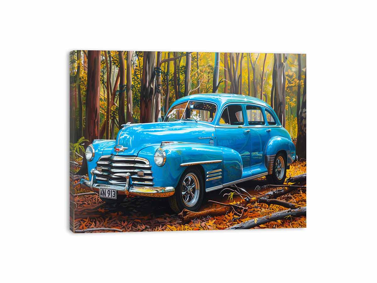 Blue vintage car canvas art in forest setting for office or man cave decor.