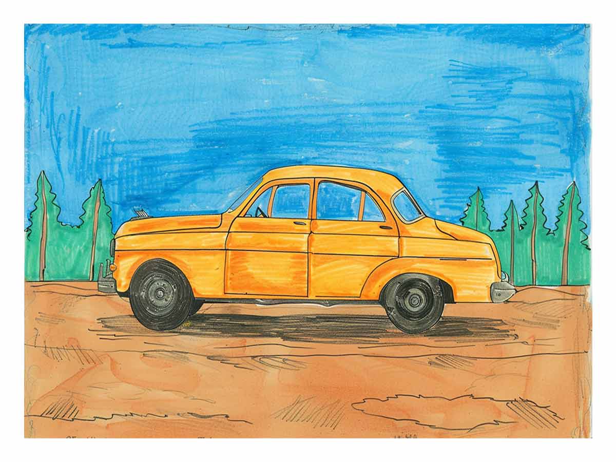 Orange car sketch canvas art for kids room and playful nursery decor.