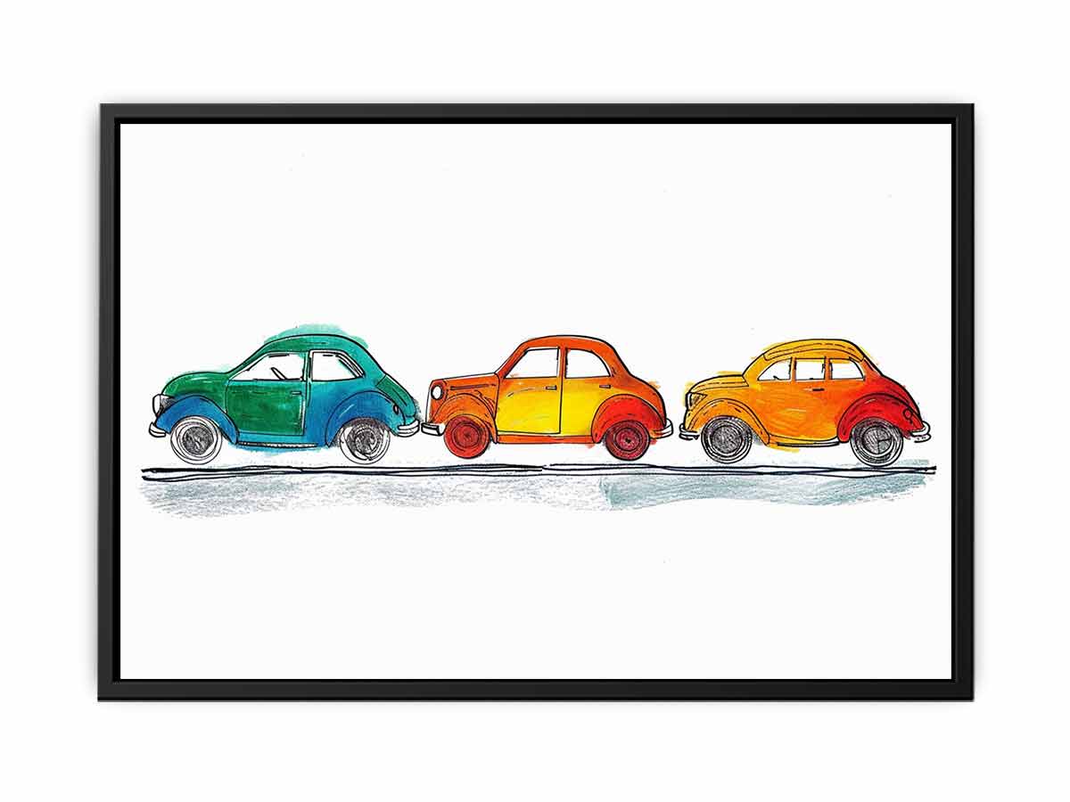 Colorful vintage car illustration canvas art for kids room wall decor.