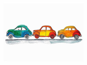 Colorful vintage car illustration canvas art for kids room wall decor.