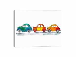 Colorful vintage car illustration canvas art for kids room wall decor.